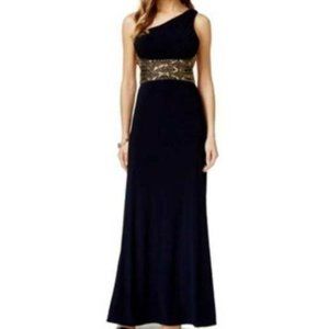 Betsy and Adam Navy One Shoulder Gown